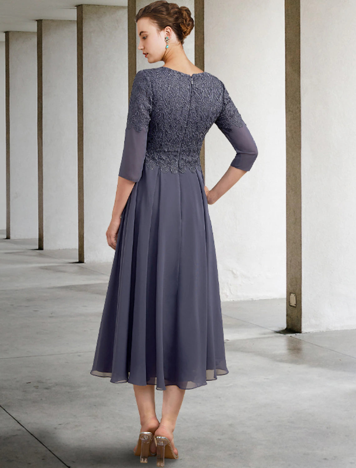 Wholesale  A-Line Mother of the Bride Dress Fall Wedding Guest Plus Size Elegant V Neck Tea Length Chiffon Lace 3/4 Length Sleeve with Ruffles Appliques